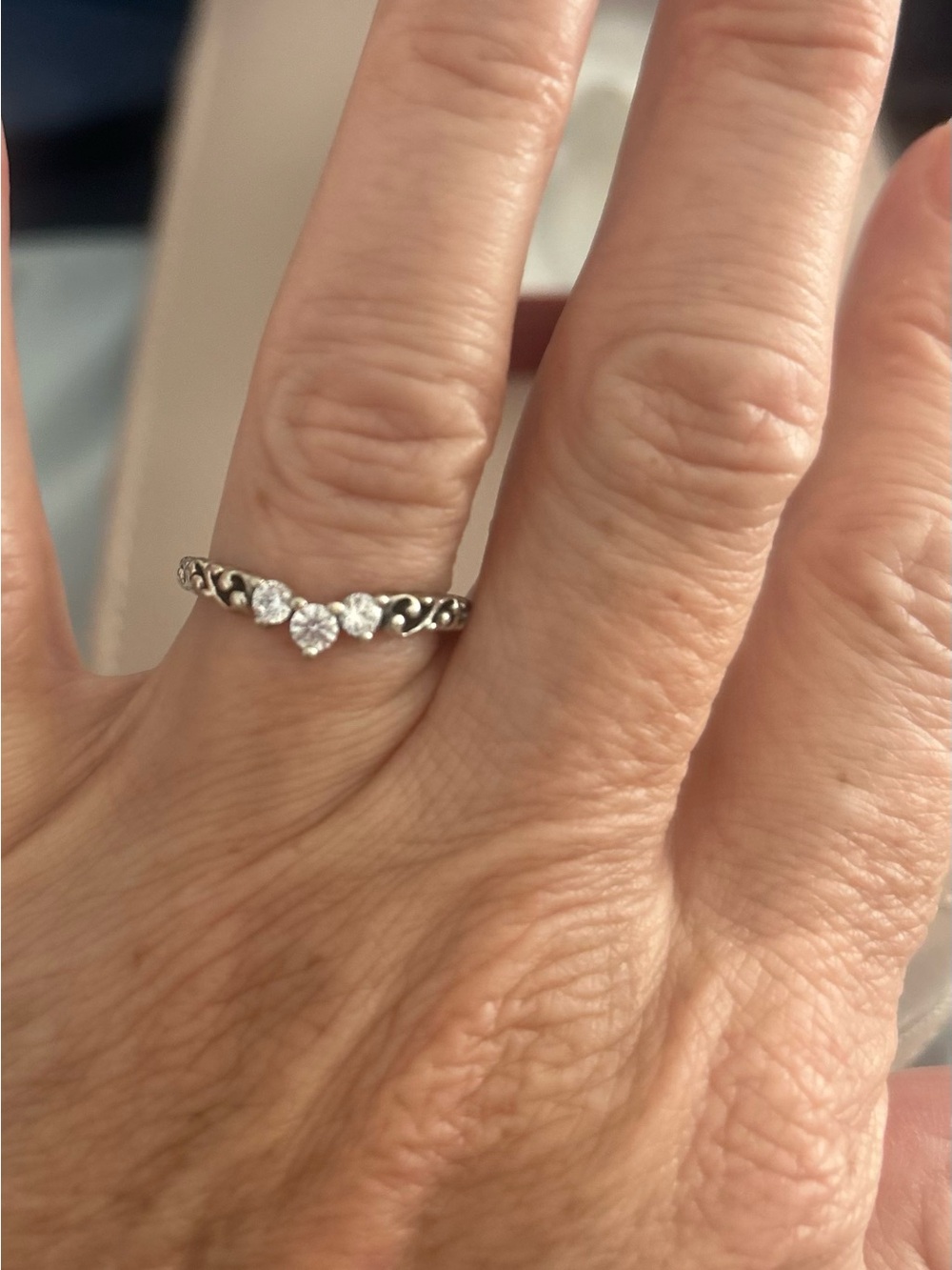 Pandora Silver Crystal & Floral Accent Curved Ring